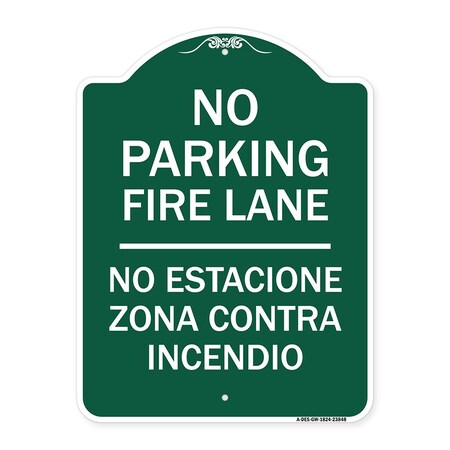 Signmission No Estacione Zona Contra Incendio, Green & White Aluminum Architectural Sign, 18" H, GW-1824-23848 A-DES-GW-1824-23848